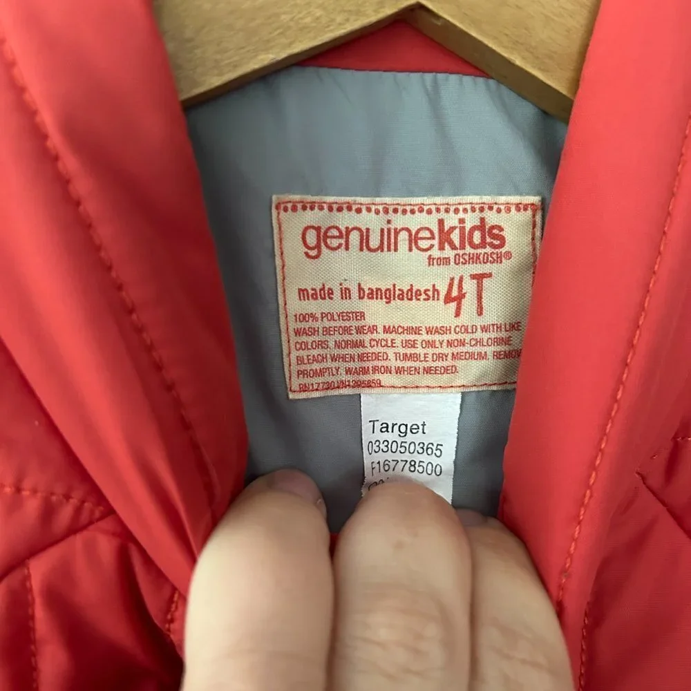 Genuine Kids Puffer Vest Girls Boys 4T Orange Zip Front Pockets‎ Quilted Jacket